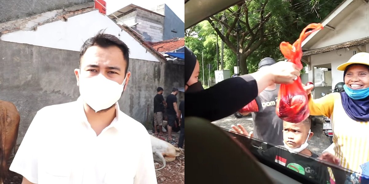 A Series of Photos of Raffi Ahmad on the Moment of Eid al-Adha 144 H, Slaughtering Cows and Directly Distributing Sacrificial Meat to the Residents