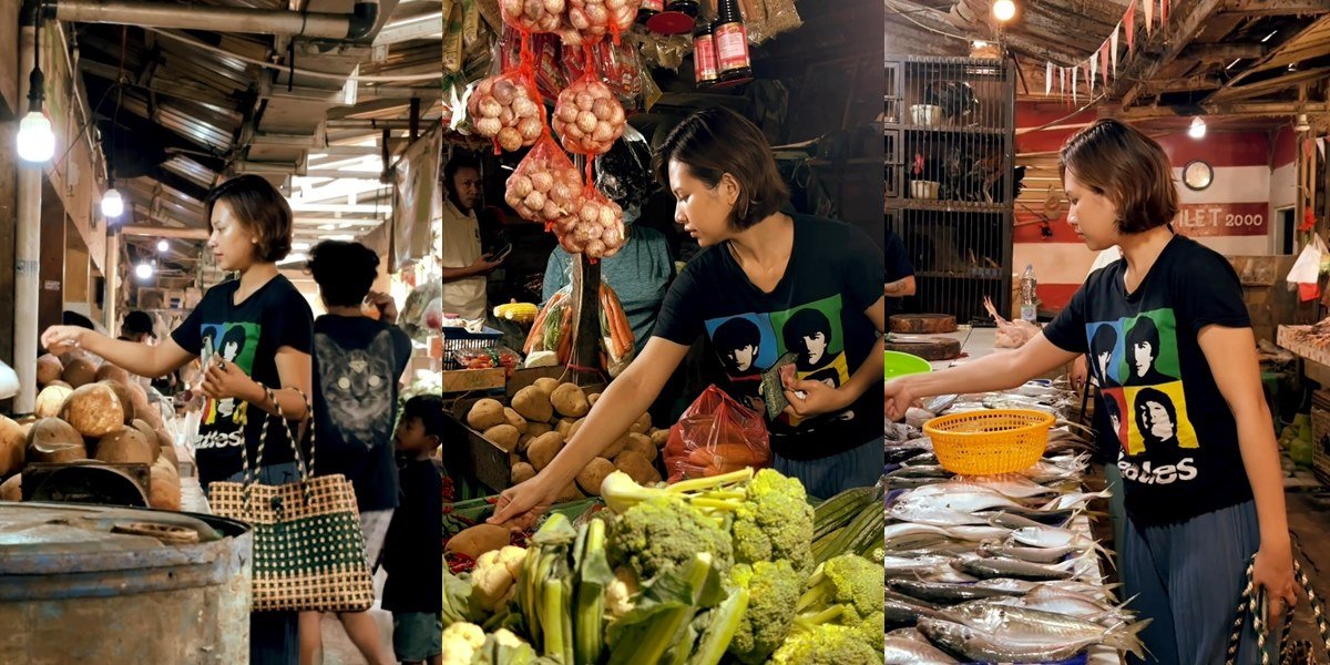 Very Simple, 8 Beautiful Photos of Indah Permatasari Shopping at a Traditional Market Wearing a T-Shirt