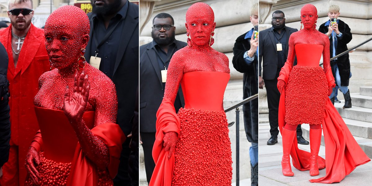 Those with Trypophobia, Don't Peek, 8 Pictures of Doja Cat Wearing Thousands of Red Swarovski Crystals All Over Her Body & Face at Paris Fashion Week