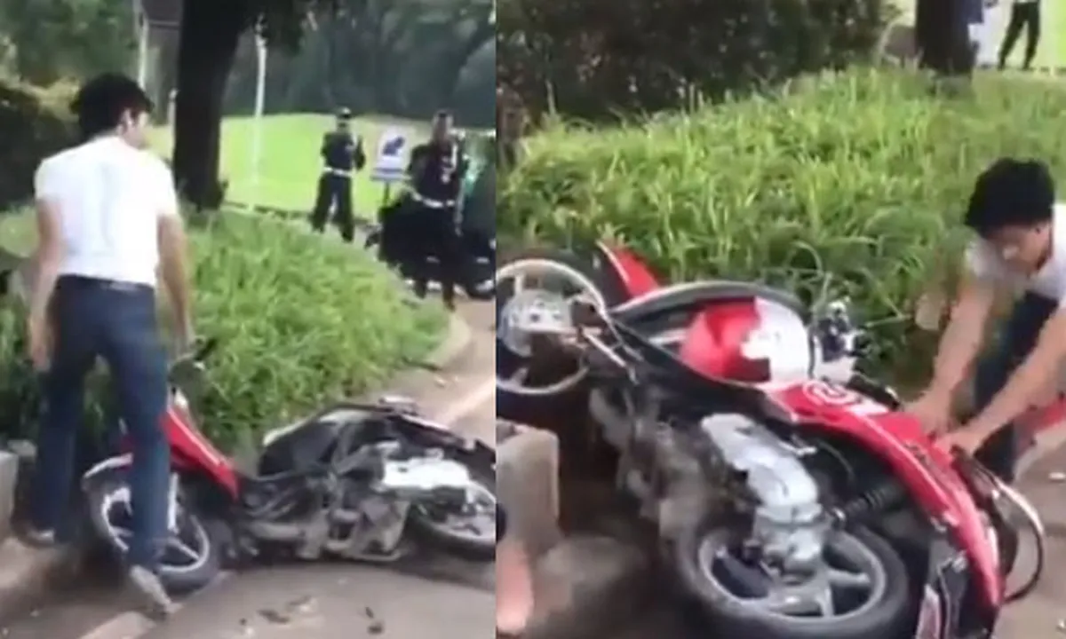 Kelakuan Seorang Pria yang Kena Tilang, Justru Ngamuk Merusak Motor Sendiri