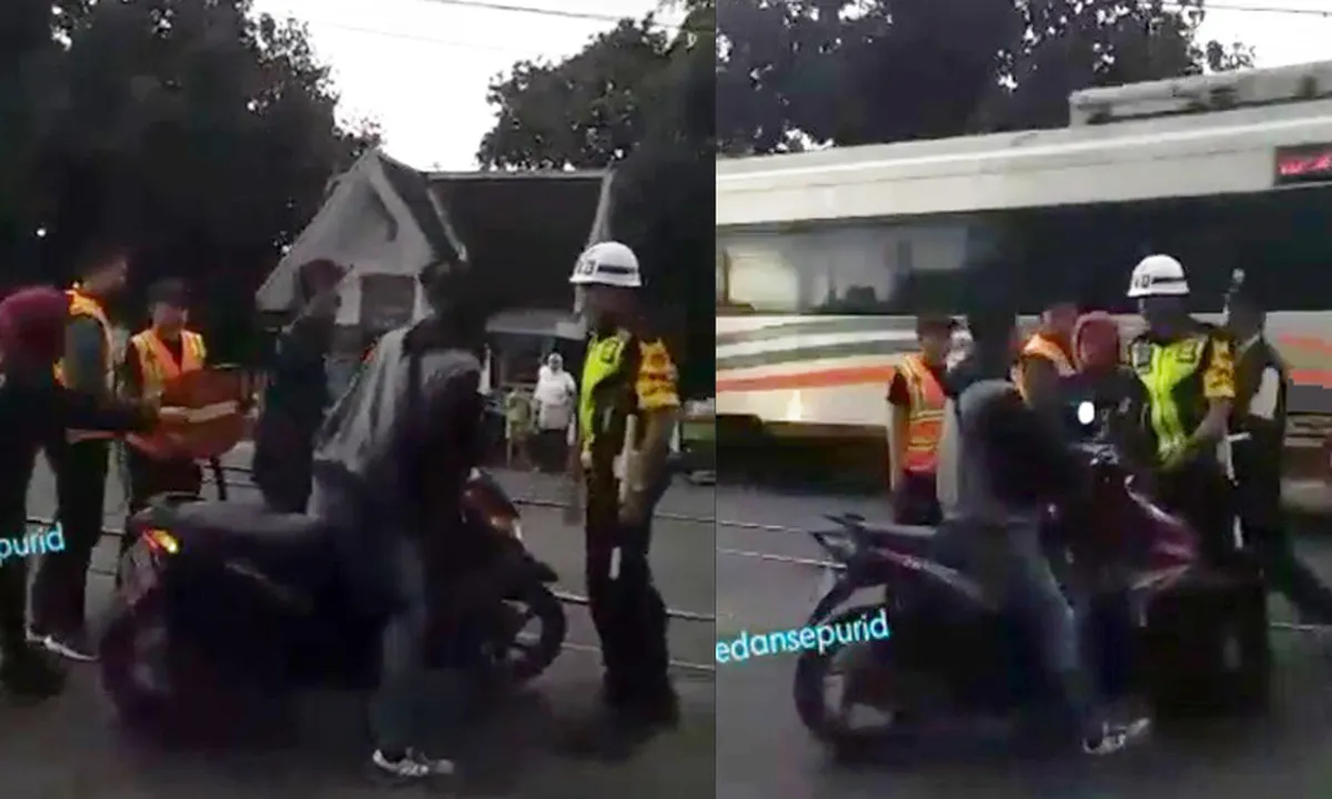 Ngotot Ingin Nyebrang, Pria Bersepeda Motor Ini Nyaris Tertabrak Kereta