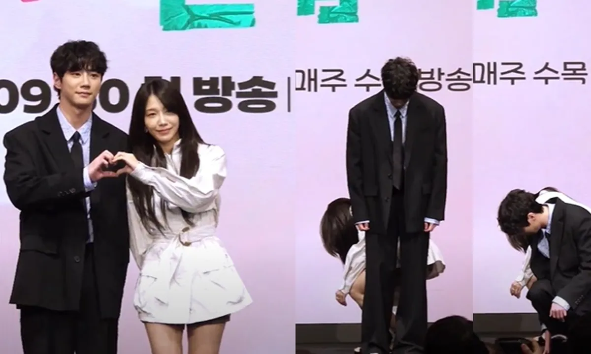 7 Potret Gentle Lee Jun-Young Tutupi Jung Eun Ji yang Sedang Benerin Sepatu saat Prescon Drama Korea Terbarunya