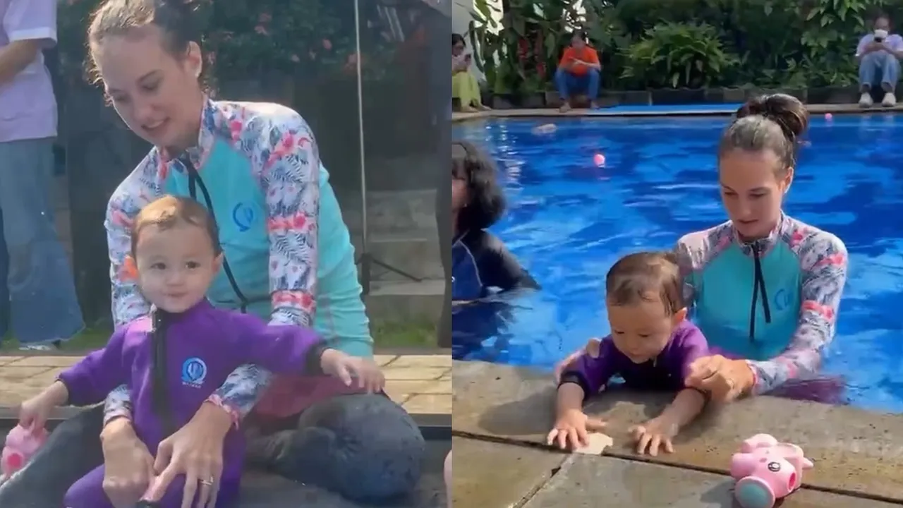 5 Potret Seru dan Gemasnya Djala Anak Nadine Chandrawinata Belajar Berenang