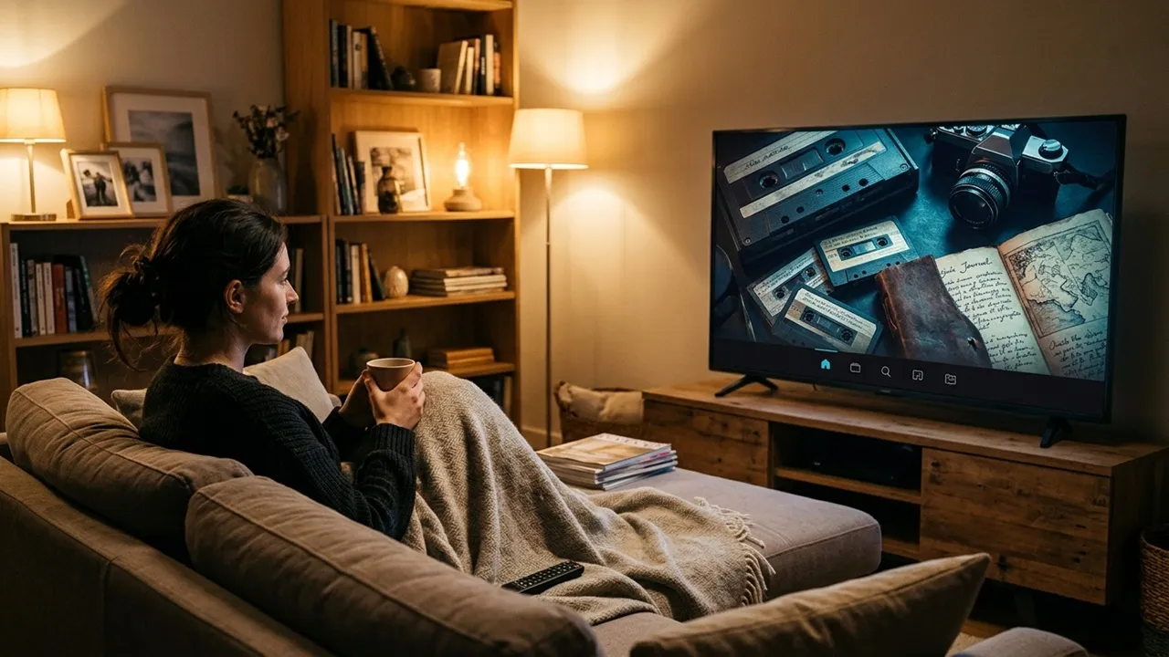 カセットテープや古い写真を画面に映すテレビを眺める人物
