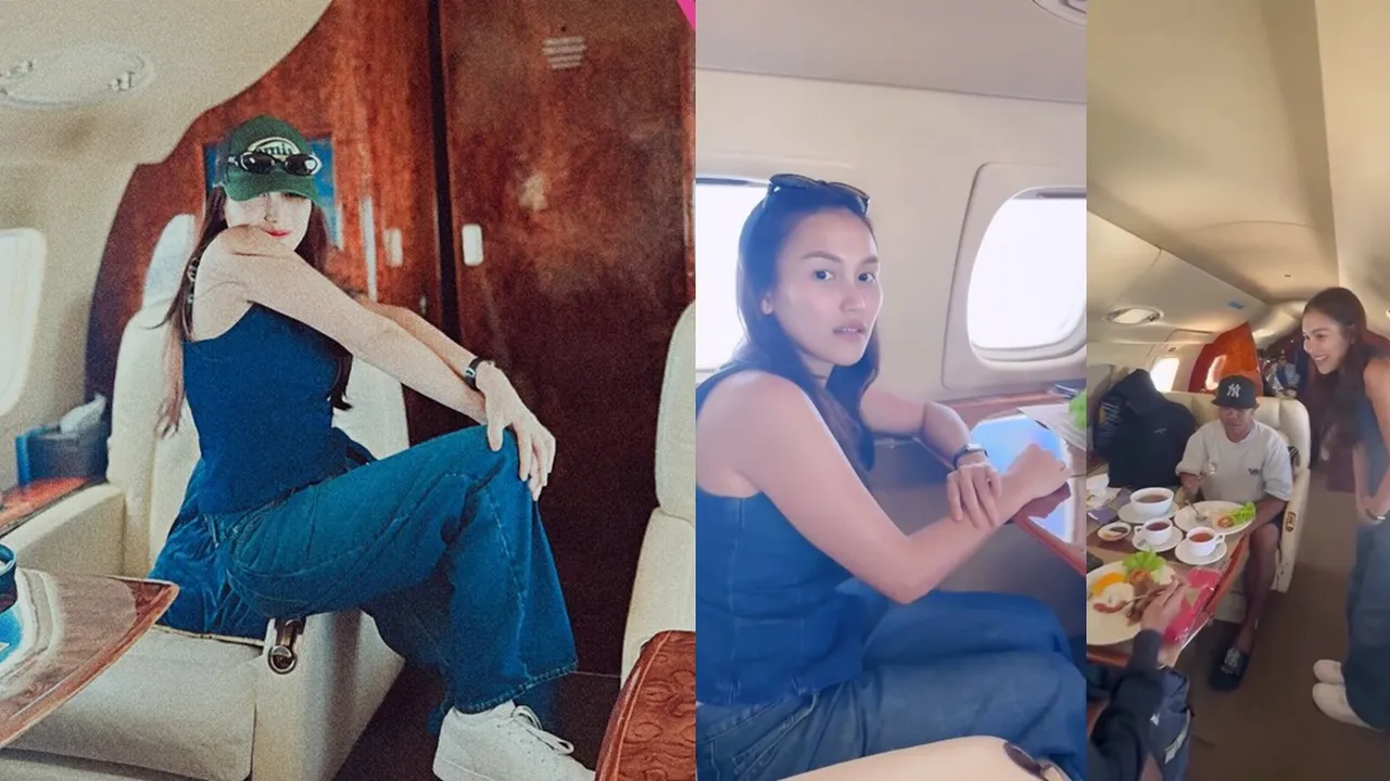 7 Potret Ayu Ting Ting Nikmati Naik Pesawat Jet Pribadi, Cosplay Jadi Pramugari