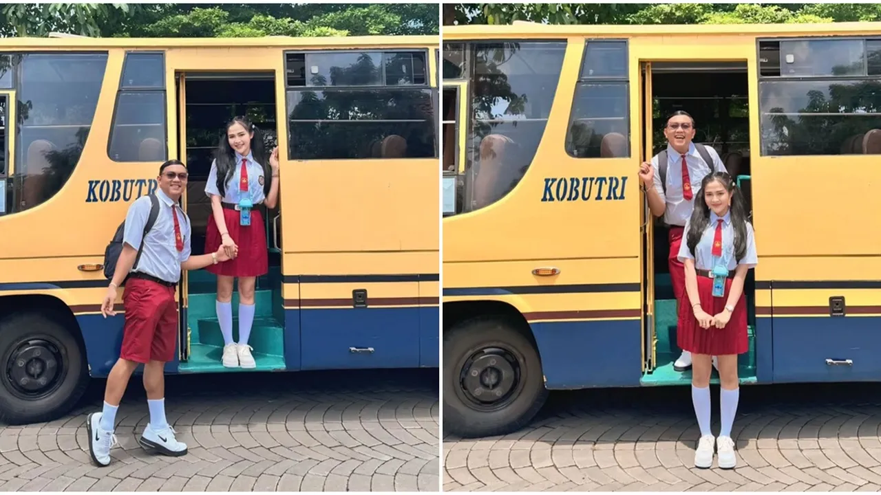 7 Potret Denny Caknan dan Bella Bonita Pakai Seragam SD, Momen Lucu dengan Latar Belakang Bus Sekolah