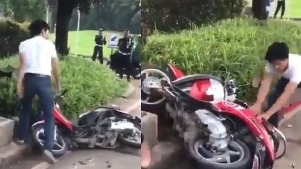 Kelakuan Seorang Pria yang Kena Tilang, Justru Ngamuk Merusak Motor Sendiri