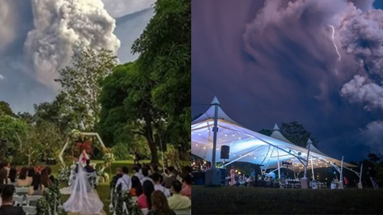 Momen Bahagia Sekaligus Menegangkan, Pasangan Ini Menikah di Saat Erupsi Gunung Berapi