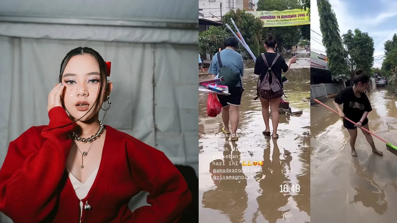Momen Ziva Magnolya Bantu Bersihkan Lumpur di Rumah Kerabat Pasca Banjir, Pakai Pel Air - Lepas Alas Kaki