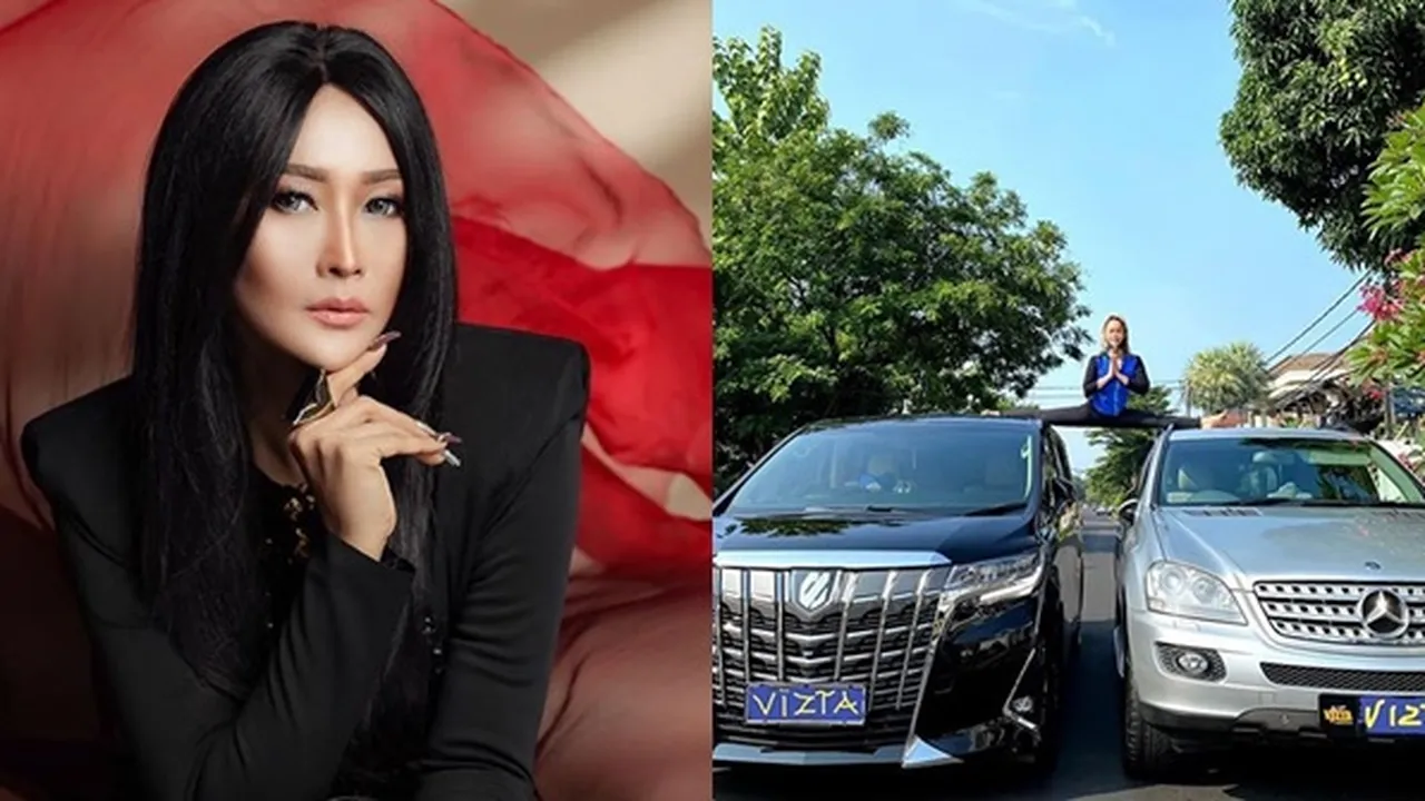Pamer Mobil Mewahnya, Inul Daratista Pose Split Sempurna di Antara Atap Dua Mobil yang Berjejer