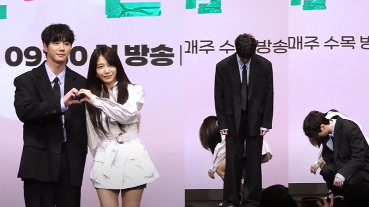 7 Potret Gentle Lee Jun-Young Tutupi Jung Eun Ji yang Sedang Benerin Sepatu saat Prescon Drama Korea Terbarunya