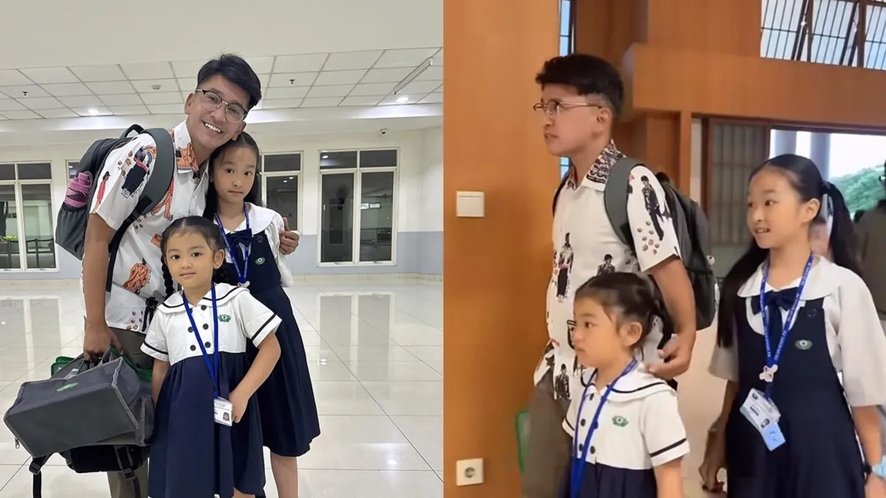 Potret Ruben Onsu Semangat Antar Thalia dan Thania Sekolah