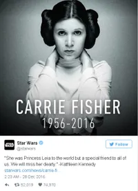 FOTO: Seleb Berduka Atas Kepergian Carrie Fisher 'Princes Leia'