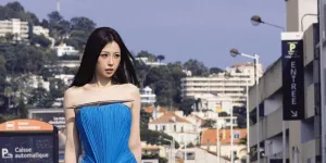 Esther Yu Tampil Menawan dengan Gaun Biru di Paris