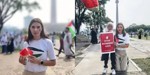 Potret Najwa Shihab Ikut Aksi Bela Palestina di Monas - Bagikan Seribu Semangka Kepada Pendemo Lainnya