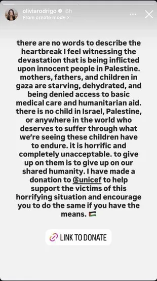 Olivia Rodrigo Buka Suara Terkait Dukungan untuk Palestina, Ajak Penggemar Ikut Berdonasi