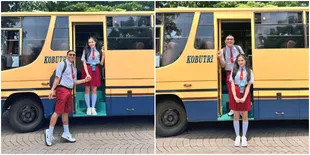 7 Potret Denny Caknan dan Bella Bonita Pakai Seragam SD, Momen Lucu dengan Latar Belakang Bus Sekolah