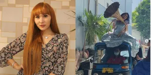 6 Potret Lucinta Luna Duduk di Atas Bajaj, Kenakan Gaun Silver dan Rambut Curly Bak Cinderella