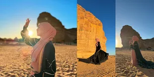 8 Potret Happy Asmara Liburan ke Al Ula Seusai Umrah, Cantik Berhijab di Tengah Gurun dan Bukit Batu