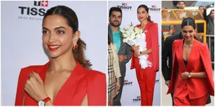 Pamer Cleavage, Deepika Padukone Menawan Dengan Suit Merah Merona