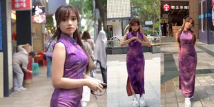 7 Potret Cantik Fuji dengan Baju Cheongsam Ungu, Pose-posenya Lucu dan Bikin Candu