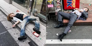 Potret Kocak Orang Jepang Saat Mabuk, Tidur di Manapun Nyaman!