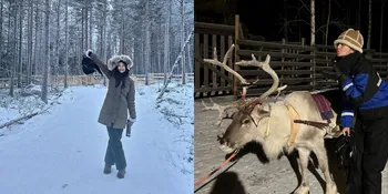 7 Potret Raline Shah Bersama Rusa-Rusa di Finlandia, Vibesnya Berasa Naik Kereta Santa Claus - Berburu Aurora