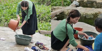 Foto Sarwendah Cuci Baju di Pinggir Kali dan Setrika Baju dengan Lihai, Kesederhanaannya Kembali Dipuji