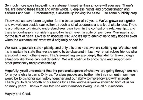Tulisan Hayley dan Chad di akun instagram masing-masing bahwa mereka telah berpisah © instagram.com/yelyahwilliams