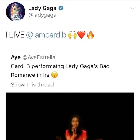 Reaksi Lady Gaga pada albumnya membuat Cardi B amat bahagia. © instagram.com/iamcardib