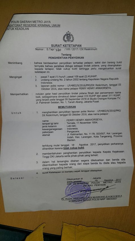 surat laporan baik pencemaran nama Bukti, Kasus Yang Menjerat Tak Mario Teguh Cukup