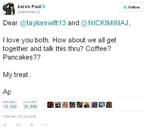 Aaron Paul ingin ajan Nicki Minaj dan Taylor Swift berdamai sambil ngopi dan sarapan ©Twitter.com/aaronpaul_8