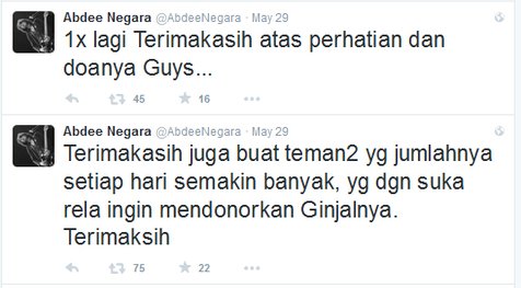 Abdee terharu dengan banyaknya tawaran donor ginjal sukarela dari para fans. @twitter/abdeenegara