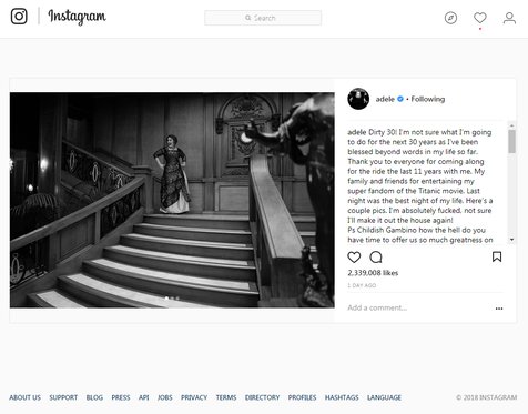 Lewat Instagram, Adele layangkan pujian dan rasa kagumnya pada Childish Gambino © instagram.com/adele