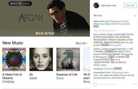 Afgan sabet prestasi sebagai Best Artist dari iTunes Indonesia © Instagram.com/afgansyah.reza