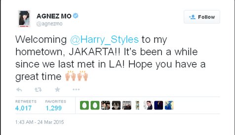 Sambutan hangat Agnez Mo untuk Harry Styles / © TWitter