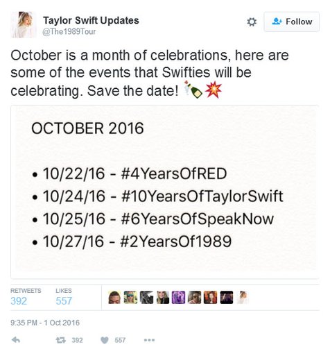 Bulan Oktober, selalu jadi saat yang istimewa bagi para fans Taylor Swift © twitter.com/The1989Tour