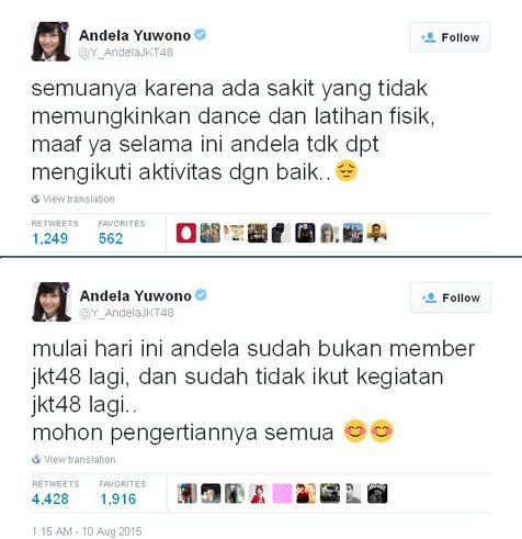 Pengunduran diri Andela Yuwono @foto: ©Twitter/Y_AndelaJKT48