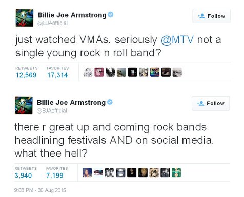 Komentar Bille Joe tentang MTV VMA 2015 © Twitter/BJAofficial