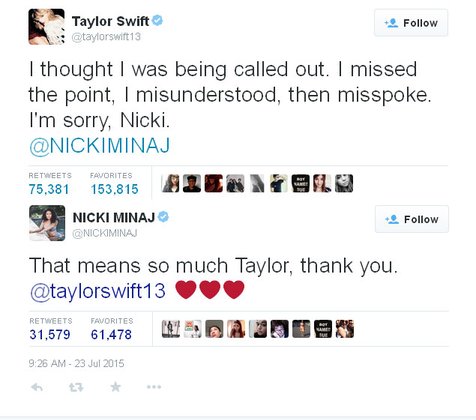 Permintaan maaf Taylor Swift @foto: Official Twitter Taylor Swift - Nicki Minaj