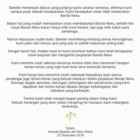 Surat terbuka bubarnya duo folk Banda Neira © facebook.com/dibandaneira