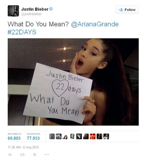 Promosi lagu baru Justin Bieber oleh Ariana Grande @foto: ©Twitter/justinbieber