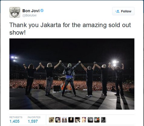 Ucapan terima kasih dari Bon Jovi usai gelaran konsernya usai © Twitter.com/BonJovi