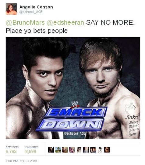 Bruno Mars - Ed Sheeran siap jadikan MTV VMA 2015 sebagai arena gulat mereka ©Twitter.com/echosei_ace