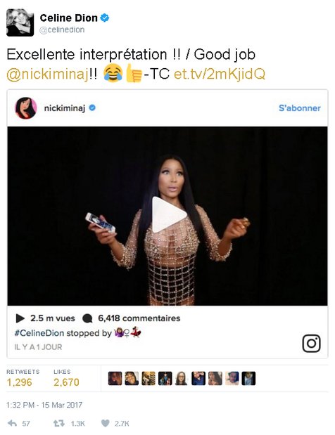 Nicki Minaj mendapat pengakuan dari Celine Dion © twitter.com/celinedion