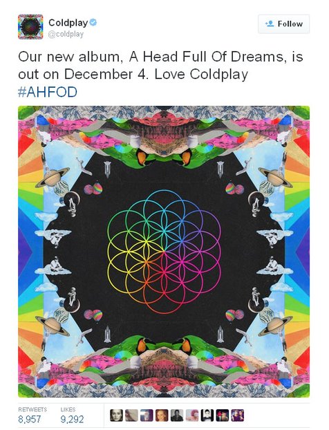 Coldplay bocorkan tanggal rilis album barunya © Twitter.com/coldplay