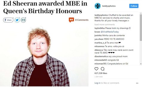 Ed Sheeran mengaku tersanjung dengan penghargaan MBE yang akan diberikan Ratu Elizabeth II kepadanya © instagram.com