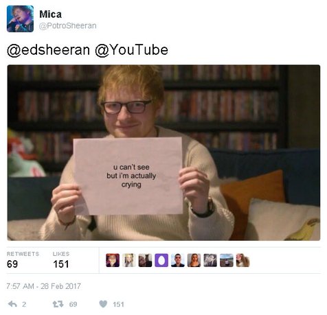 Salah satu ekspresi fans di Twitter ketika tahu Ed Sheeran merilis video untuk lagu terbarunya © twitter.com/PotroSheeran