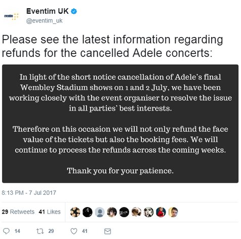 Dapat komplain dan kritik besar-besaran, Eventim memastikan akan mengembalikan uang tiket fans Adele secara penuh © twitter.com/eventim_uk