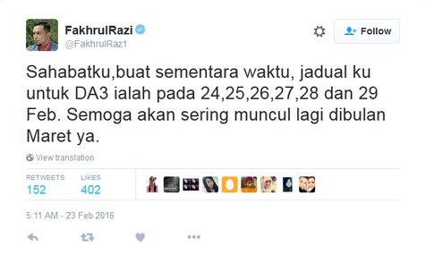 Fakhrul jadi juri sementara di D'Academy 3 © Twitter/@FakhrulRaz1